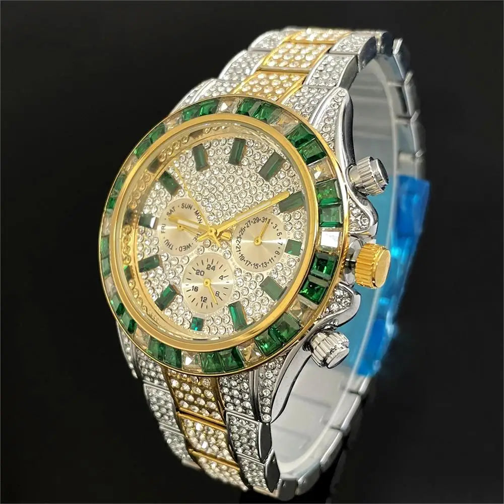 Hot Sell Luxury Green Iced Watch For Men Fashion Stainless steel Quartz Wristwatch Hip Hop Rainbow Diamond AAA Watches Man Reloj