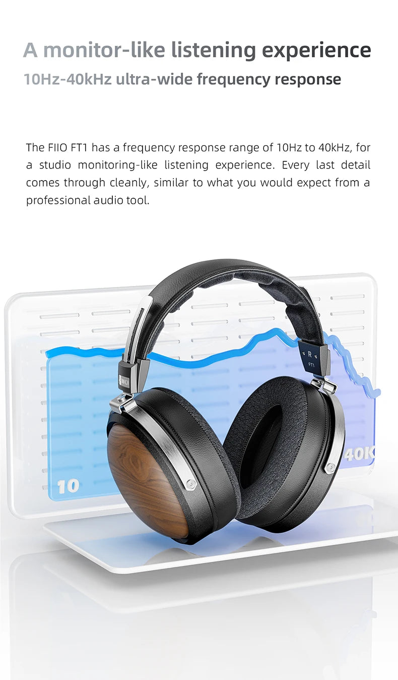 FiiO FT1 Professional Wired HiFi Monitor Headphones – North American Walnut Over-Ear Dynamic Stereo Headset with Leather & Metal Build