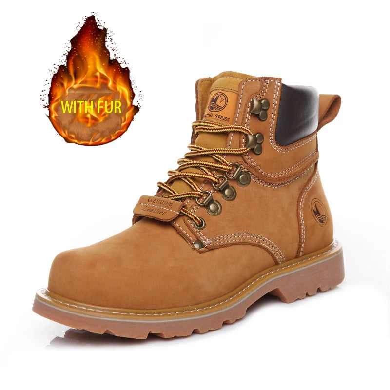 KOWM Cowhide Outdoor Men Hiking Shoes Waterproof Tactical Desert Shoes Hunting Boots Snow Boots Fur Sneakers Women Trekking Shoes