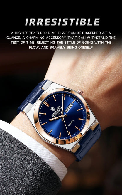 BINBOND Luxury leather strap quartz wristwatches precise luminous waterproof auto date week display durable men's watch reloj