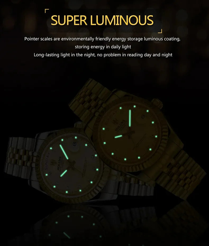 Holuns Luxury Classic 36/41mm Gold Men Watches Japan MIYOTA Quartz Movt Stainless Steel Classic Business Wristwatch Waterproof