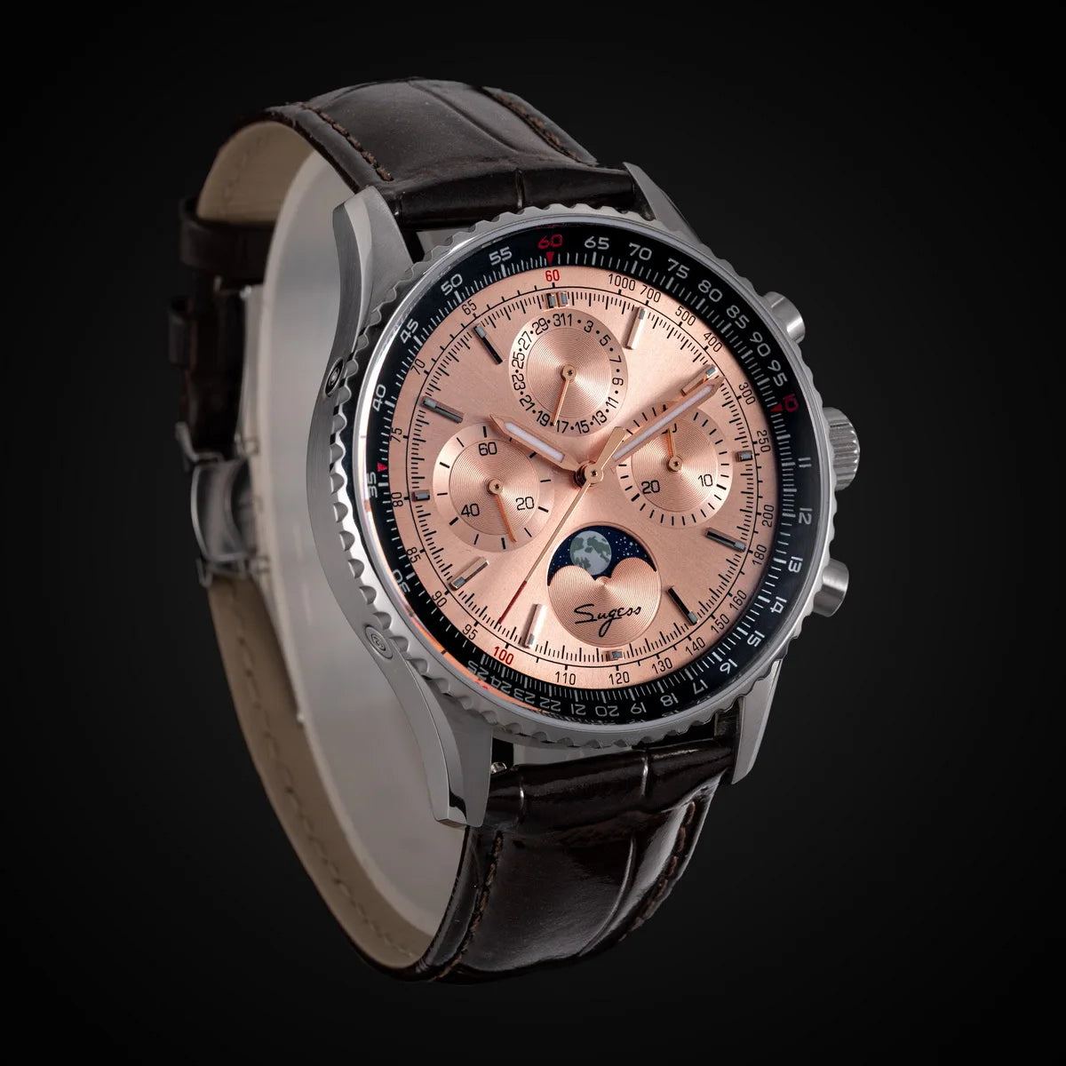 Sugess Chronograph Watch of Man ST1908 Swanneck Movement Mechanical Moonphase Wristwatches Waterproof Calendar Vintage New S468
