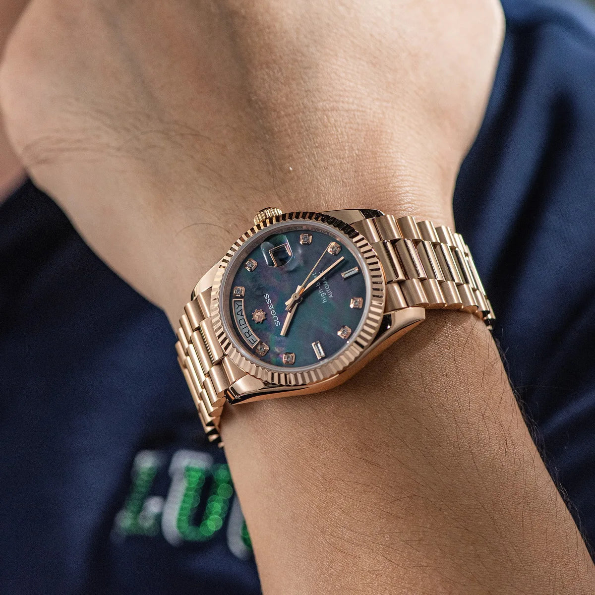 Sugess Watch of Men 36mm Date Automatic Retro Mechanical Wristwatches Sapphire Crystal RoseGold Dandong SL3034 Movement Day New
