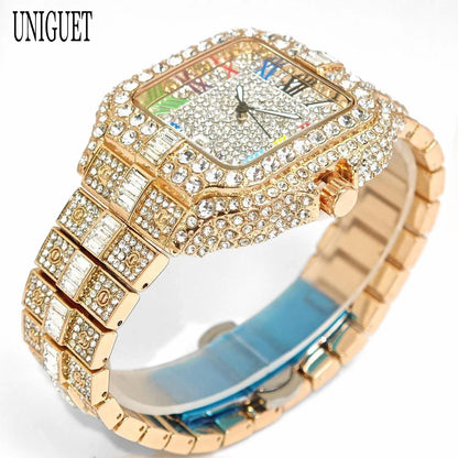 UNIGUET Fashion Diamond Watch for Men Luxury Waterproof Square Quartz Clocks Hip Hop Ice Out Jewelry Wristwatch Male Hot Sell