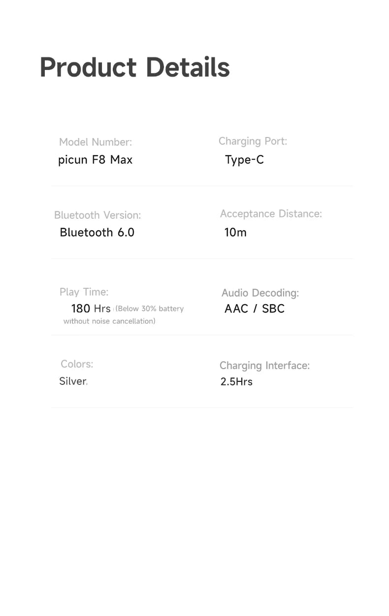 Picun F8MAX ANC kabelloser Kopfhörer, 59dB hybrides aktives Noise Cancelling, Spatial-Audio-Ohrhörer, Bluetooth 6.0, Over-Ear-Headset, 180H