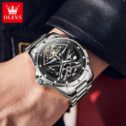 Reloj para hombre OLEVS 6655, modelo esqueleto totalmente automático; reloj de pulsera mecánico de lujo, luminiscente y resistente al agua.