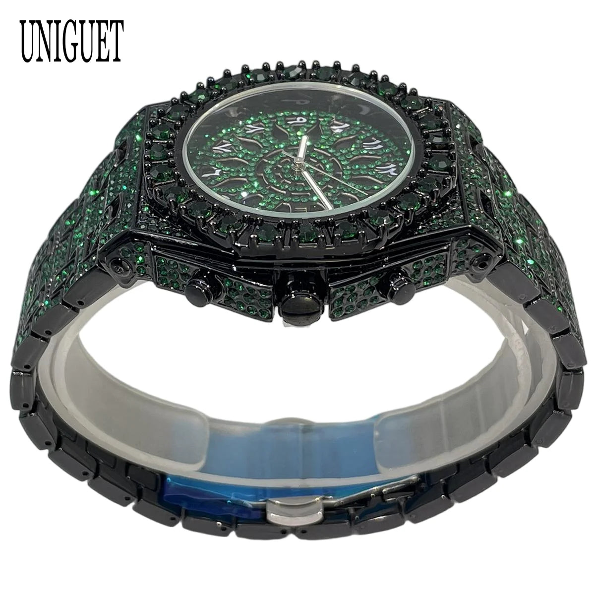 UNIGUET Hip Hop Wristwatch For Men Luxury lce Out Full Diamond Watches Fashion Green Watch Waterproof Clock Man 2026 Hot Sale
