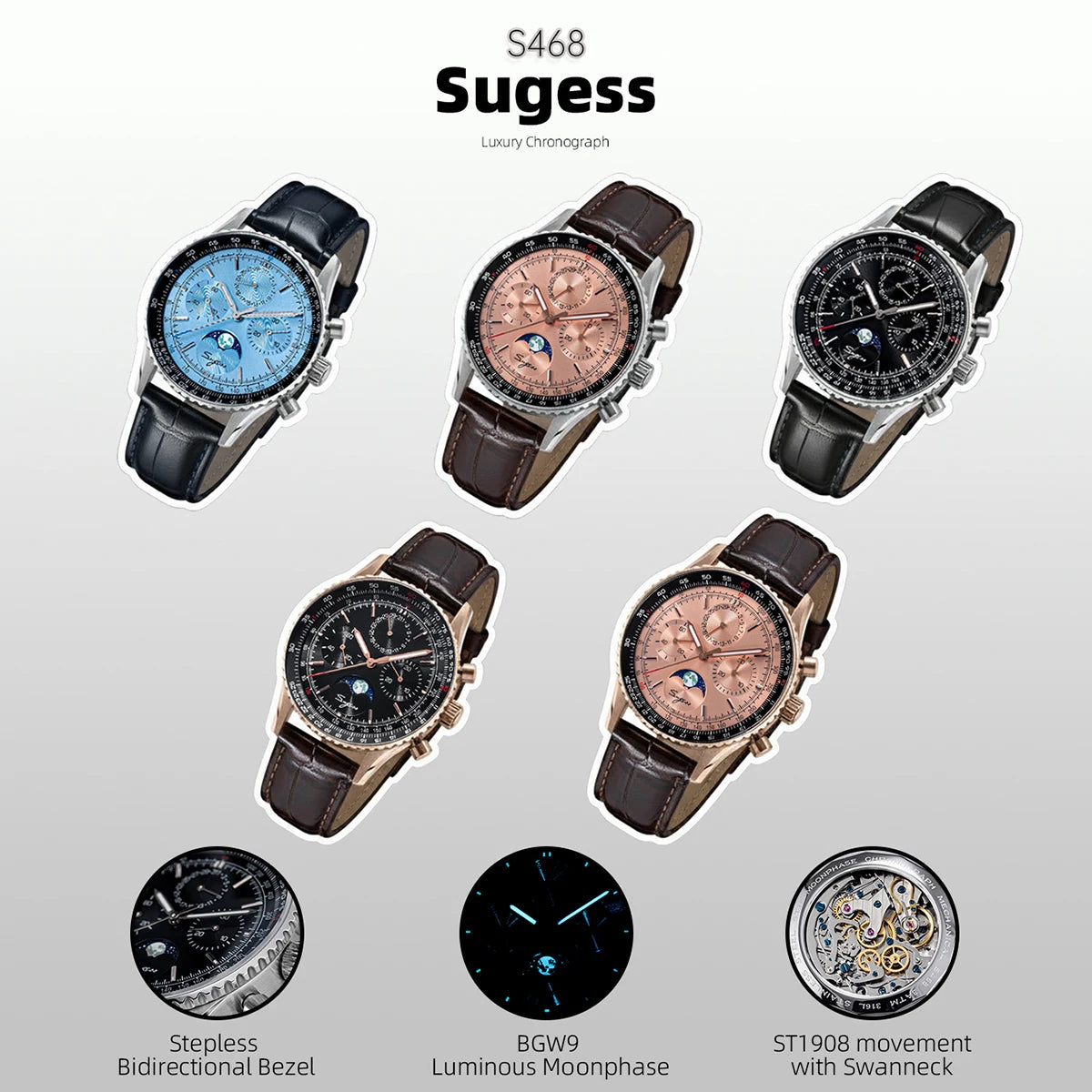 Sugess Chronograph Watch of Man ST1908 Swanneck Movement Mechanical Moonphase Wristwatches Waterproof Calendar Vintage New S468