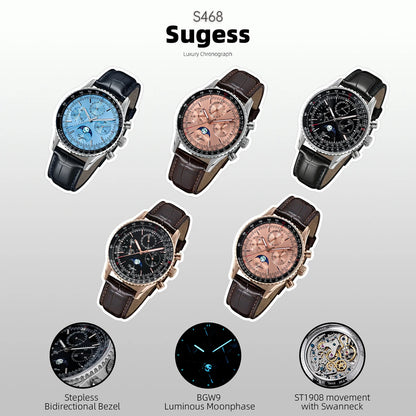 Sugess Chronograph Watch of Man ST1908 Swanneck Movement Mechanical Moonphase Wristwatches Waterproof Calendar Vintage New S468