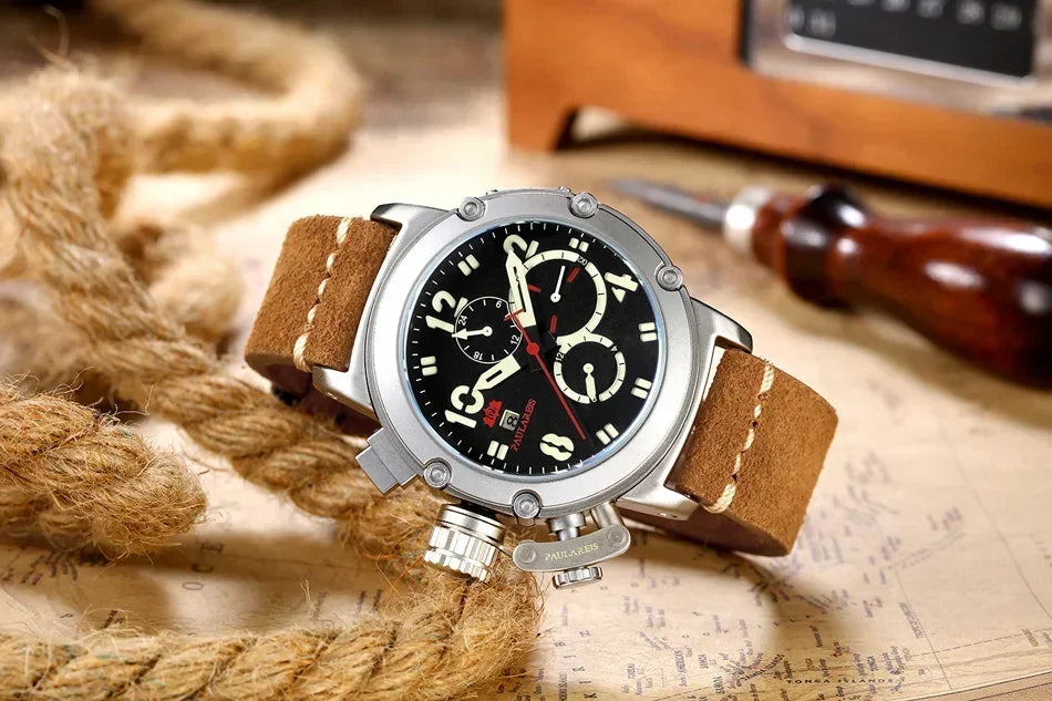 Automatic Watches for Men Mechanical Self Wind Genuine Leather Multifunction Date Boat Month Gold Bronze U Reloj Hombre Baratos