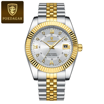 Relógio de homem POEDAGAR – Modelo de luxo, estanque, em aço inoxidável, com visor luminescente, estilo militar, função de data, movimento de quartzo, ideal para o trabalho ou ocasiões profissionais.