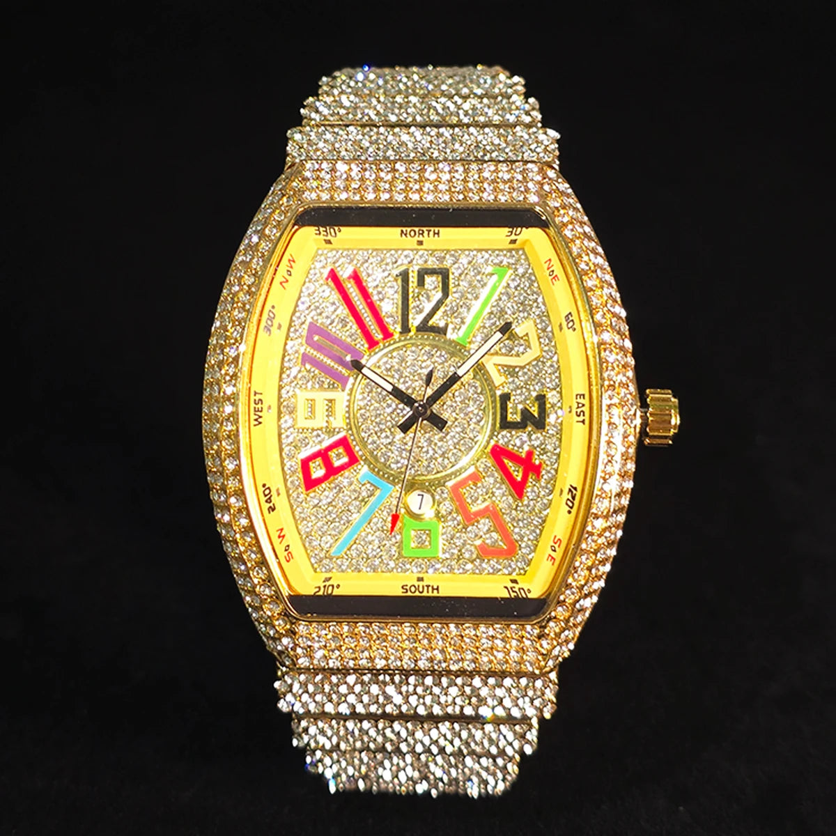 Men's Luxury Barrel-Shaped Quartz Watch With Black Iced Diamond Rainbow Number Dial Luminous Hands Watches For Man Dropshipping