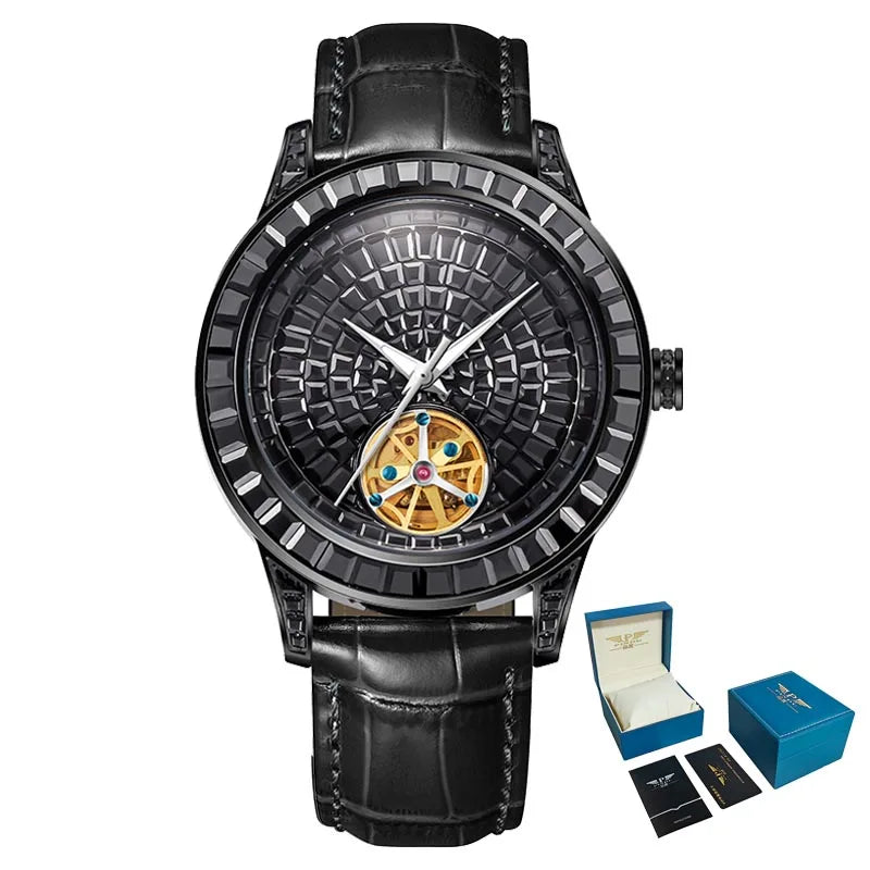 PINDU Design Mechanical Watch Men Fashion Luxury Diamond Watch For Men Waterproof Stainless Steel Leather Men Wristwatches