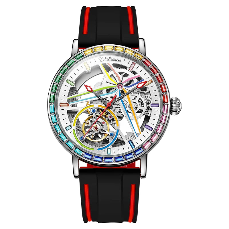 Reloj esqueleto para hombre, de estilo moderno, adornado con piedras preciosas de los colores del arcoíris y dotado de un tourbillon; reloj mecánico automático de lujo, hermético hasta 30 metros.