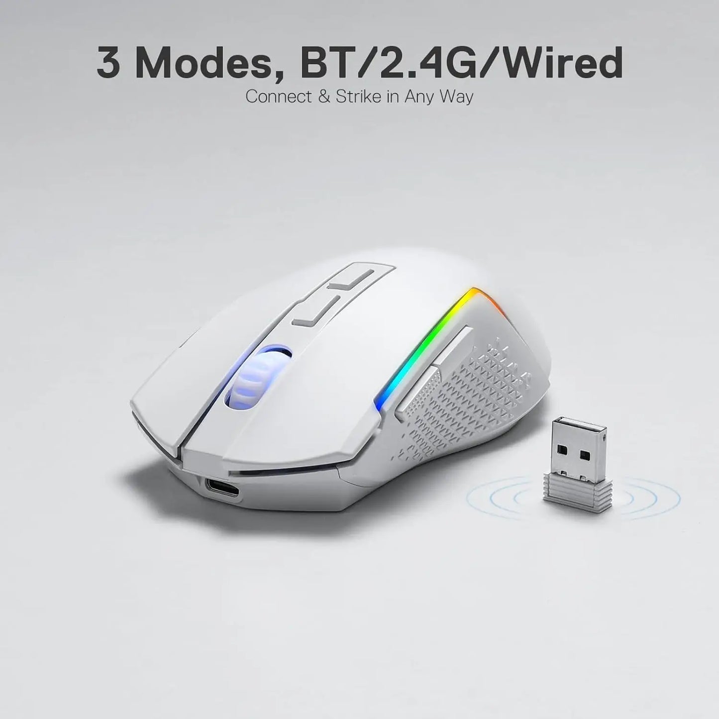 Redragon M693 trådløs/kablet BT & 2.4G Bluetooth gamingmus 8000 DPI med 3 tilslutningstilstande og RGB-baggrundsbelysning til PC/Mac/laptop