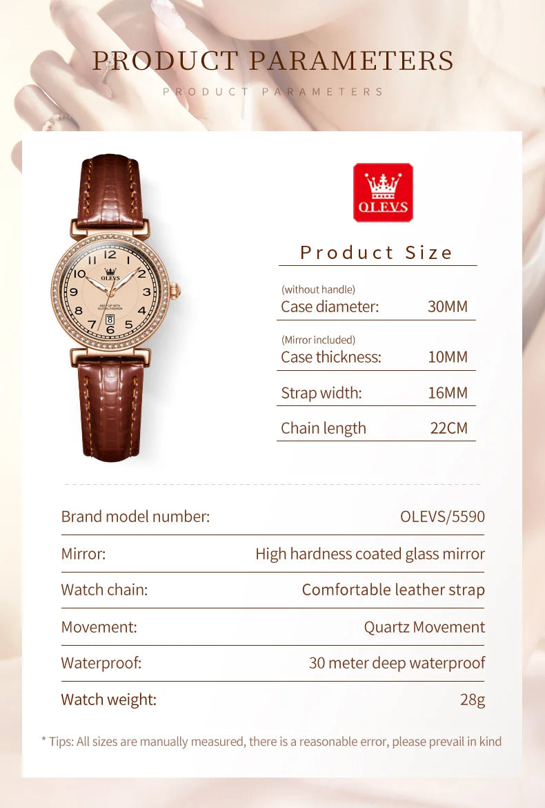 OLEVS 2025 New Fashion Womens Watches Top Brand Luxury Leather Strap Waterproof Calendar Diamond  Quartz Watch Relogio Feminino