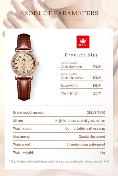 OLEVS 2025 New Fashion Womens Watches Top Brand Luxury Leather Strap Waterproof Calendar Diamond  Quartz Watch Relogio Feminino