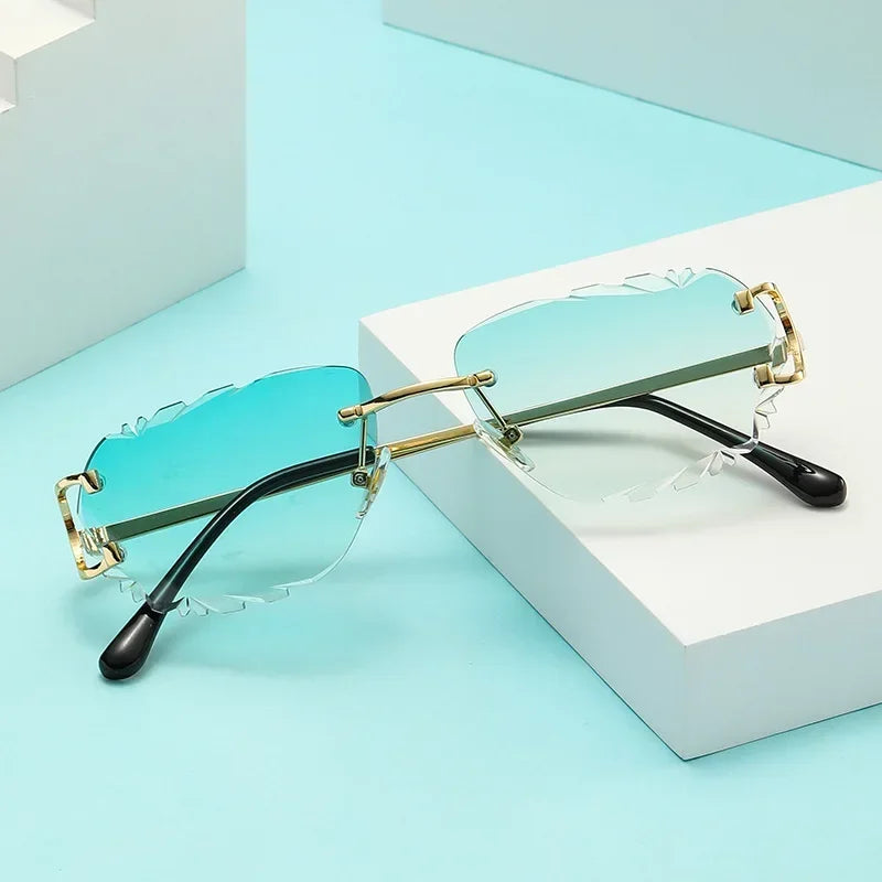Ochelari de soare retro pentru femei, de marcă, de designer, fără ramă, ochelari de soare la modă, cu lentile tăiate neregulat, ochelari de vedere fără ramă pentru doamne