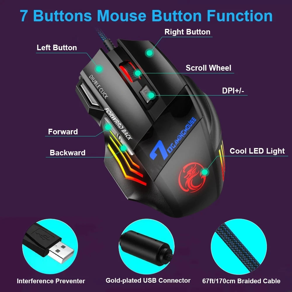 Wired Gaming Mouse, Gamer Computer Mouse with RGB Backlit, Ergonomic Design, Silent Backlight, LED, 7 Buttons, USB Mice for PC Desktop