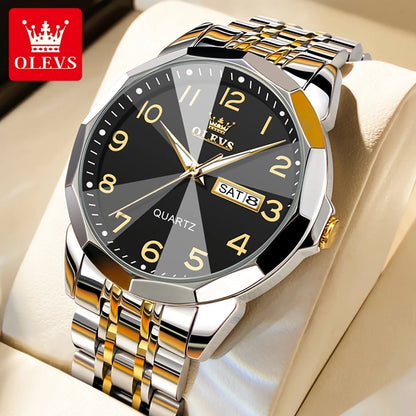OLEVS 9970 Men Watch Original Brand Waterproof Luminous Quartz Watch Rhombus Mirror Stainless Steel Date-Day-Date Watch With Box