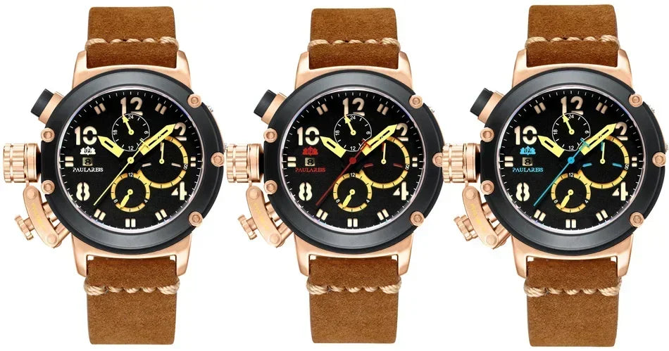Automatic Watches for Men Mechanical Self Wind Genuine Leather Multifunction Date Boat Month Gold Bronze U Reloj Hombre Baratos