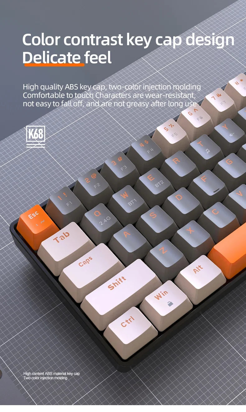 Bezdrôtová herná mechanická klávesnica K68 2,4 G/BT 5.0, 68 klávesov, Hotswap, mini herná mechanická klávesnica, klávesy z PBT, klávesnice s rozložením 65 %