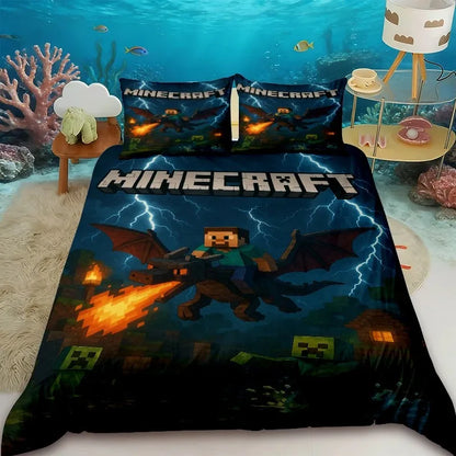 Minecraft 2/3pcs Duvet Cover Cute Cartoon Game Quilt Cover Bedding Set with 1/2 Pillowcase Gifts Bedroom Dormitory