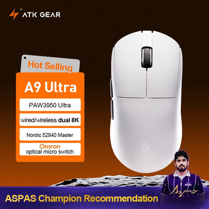 Mouse da gaming wireless ATK Dragonfly A9 Ultimate A9 Air PAW3950 ultraleggero ergonomico per e-sport FPS Gamer CSGO A9 Ultra
