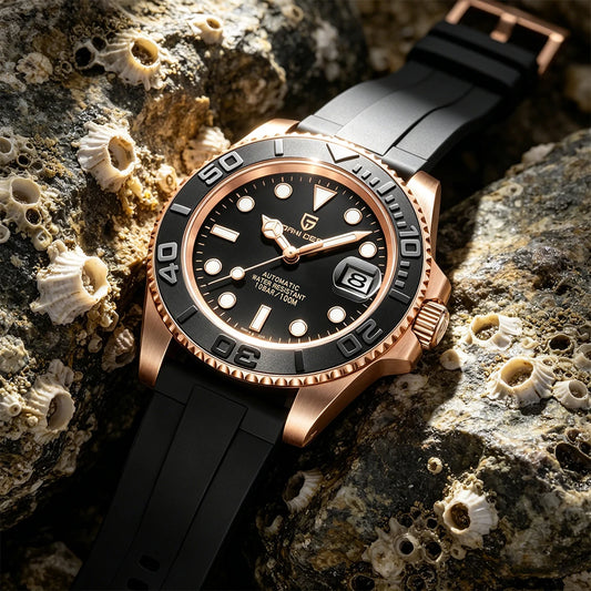 PAGANI DESIGN Automatic Watch Rose Gold Diver Watch 100M Waterproof Luxury Sport Wristwatch Black Rubber Strap Relogio Masculino
