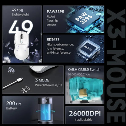 ATTACK SHARK X3 miš s tri načina rada 1K Hz, X3Pro Bluetooth bežični miš 4K Hz, lagan, PAW3395, brzina praćenja 650IPS