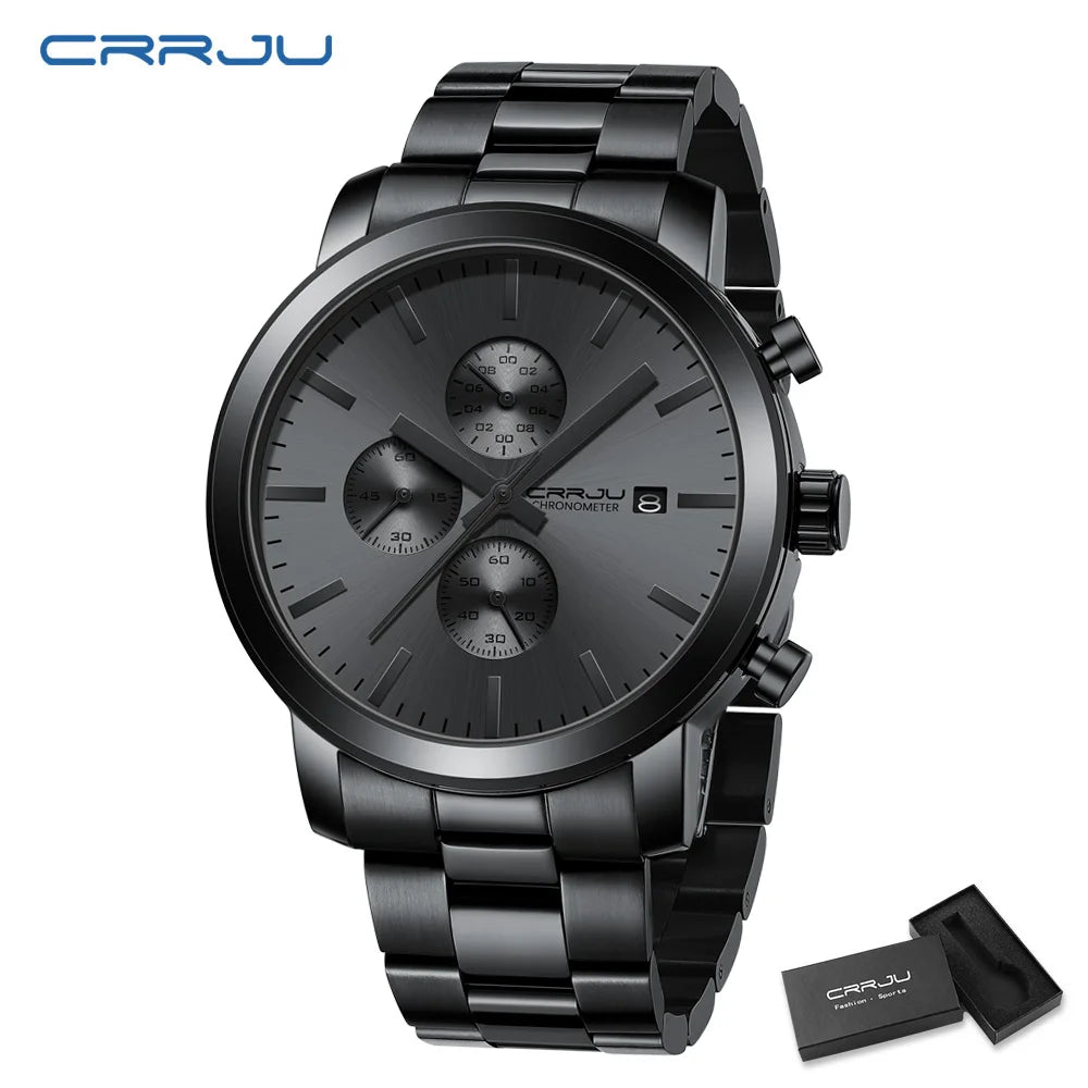 Relógio para homem CRRJU – Cronógrafo em aço inoxidável, estanque, com indicador de data, movimento analógico de quartzo, estilo elegante e profissional