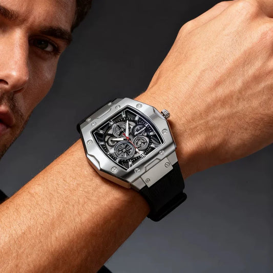 New Fashion Luxury Man Tonneau Hollow Skeleton Faux Mechanical Watch Men Militray Sports Silicone Quartz Watches Reloj Hombre