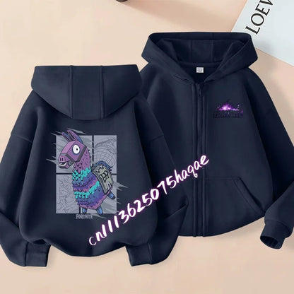Nuova felpa con cappuccio autunnale per bambini Fortnite, giacca con zip e stampa personaggio cartoon del gioco, cappotto invernale per ragazzi