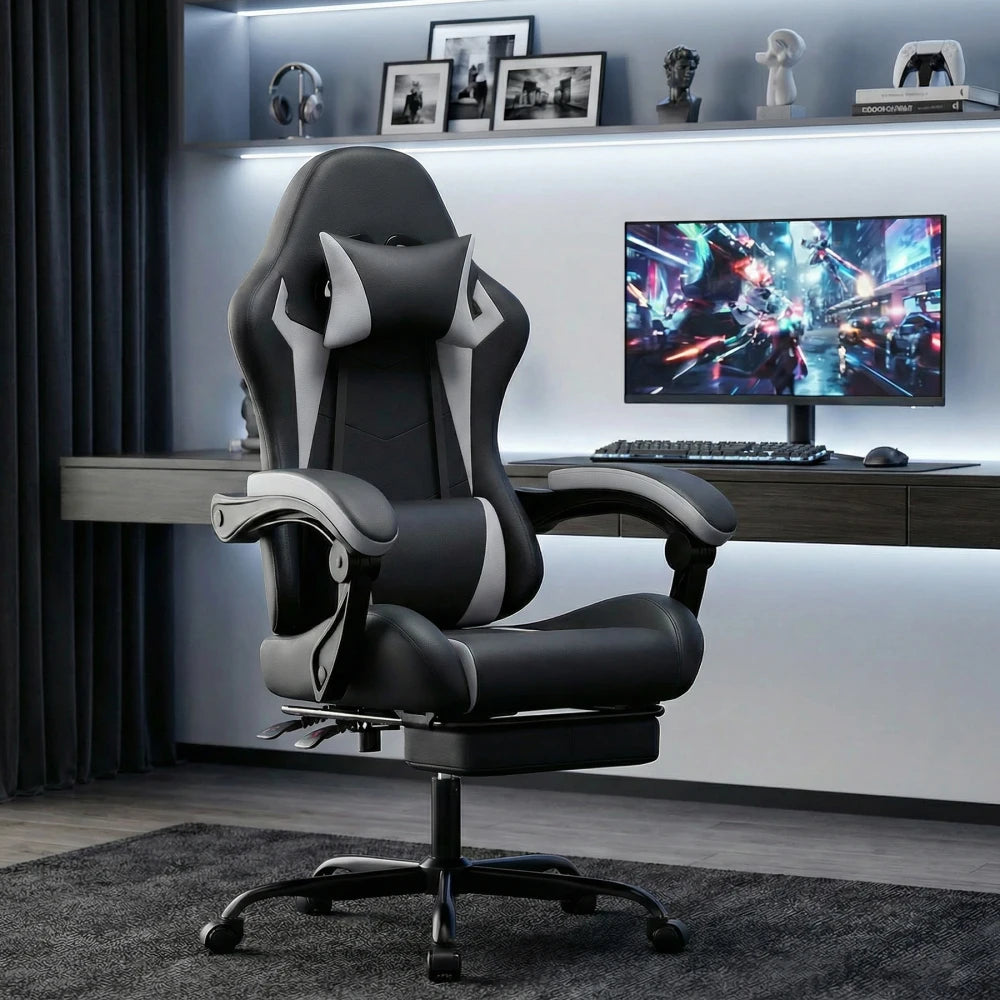 Gaming Chair Ergonomic Gaming Chair with Lumbar Pillow and Headrest, Gamer Chair Height Adjustable, Pc Chair for Adults Girls Boy, Black and White