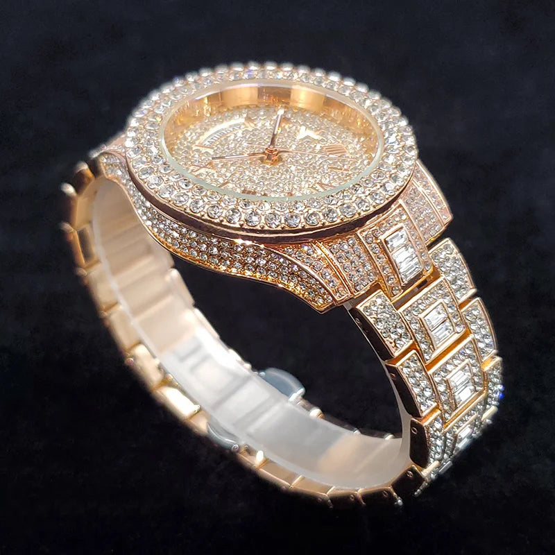 Luxury Diamond Watch for Men Fashion Bling Iced Out Day Date Watches Hip Hop Golden Stainless Steel Quartz Man Clock Hot Sale