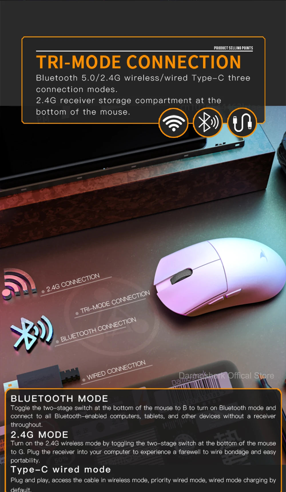 Herná myš Darmoshark M3Pro 2.4G BT bezdrôtová s trojitým režimom, snímačom PAW3395, N52840, 26000DPI, pre veľkú ruku, makro ovládač, myš na hranie