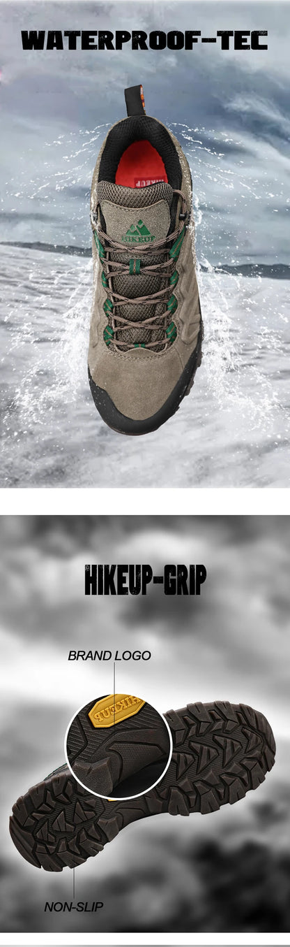 HIKEUP Висококачествени кожени туристически обувки, издръжливи спортни обувки за открито за мъже, кожени обувки за трекинг с връзки, маратонки за катерене и лов