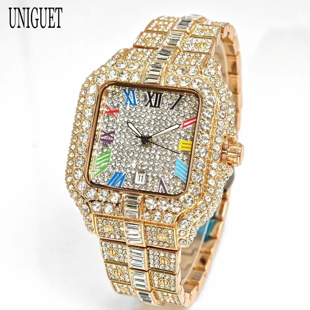 UNIGUET Fashion Diamond Watch for Men Luxury Waterproof Square Quartz Clocks Hip Hop Ice Out Jewelry Wristwatch Male Hot Sell
