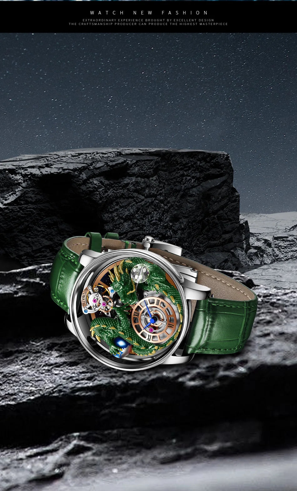 PINDU Fashion Roman Numeral Display Mineral Tempered Glass Material Quartz Movement 3ATM Waterproof Celestial Dragon Men's Watch