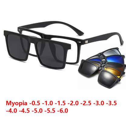 Ochelari de soare polarizați cu magnet pentru miopie, pentru femei și bărbați, ochelari cu clemă, ochelari optici pătrați, rame de ochelari 6 în 1 – de la -0,5 la -10