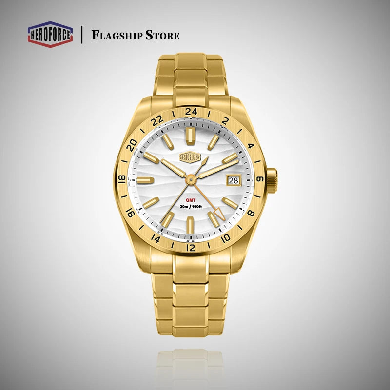 HEROFORCE Quality Original GMT Men Clock Waterproof Luminous Date Luxury Man Watch Stainless Steel Quartz Men's Watches Male