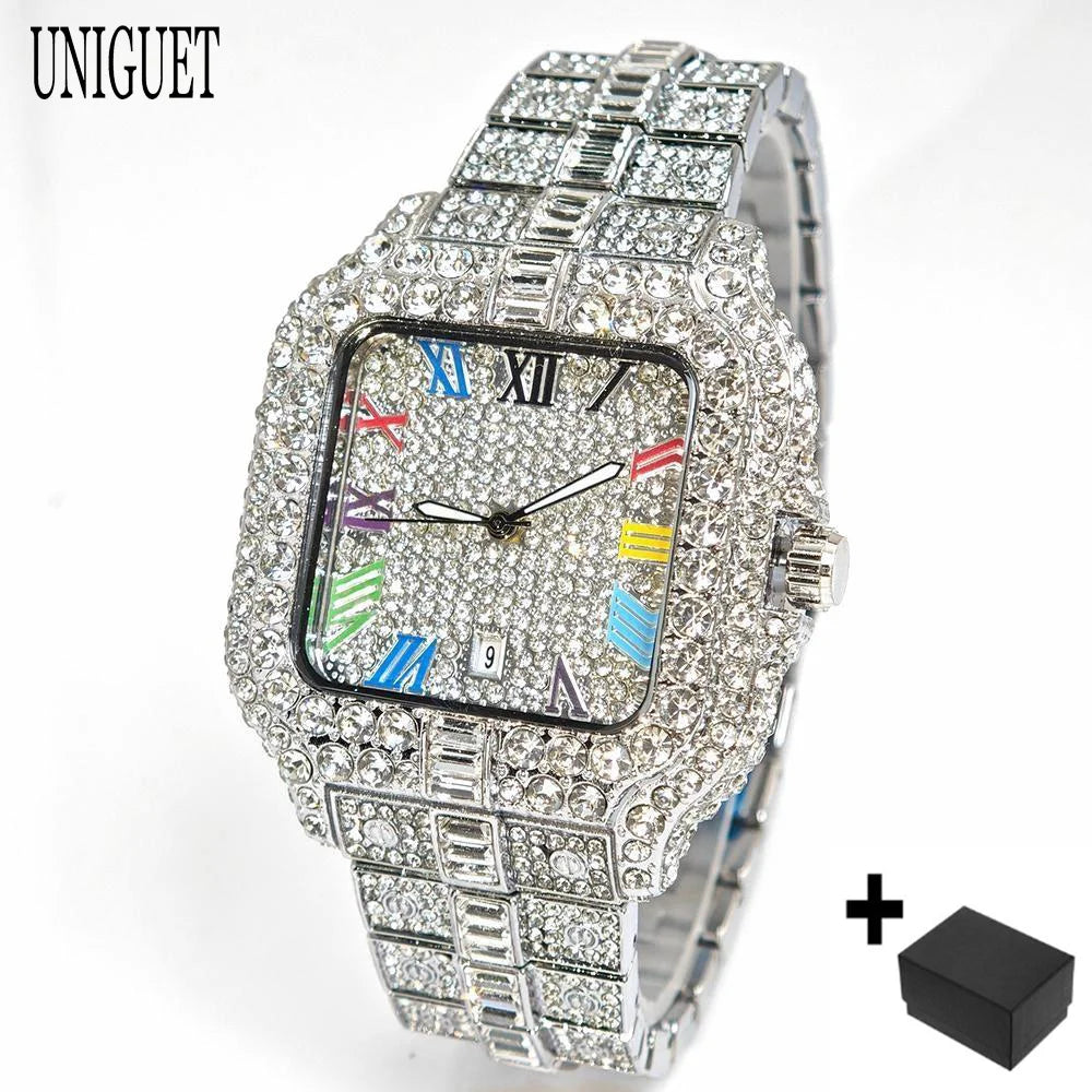 UNIGUET Fashion Diamond Watch for Men Luxury Waterproof Square Quartz Clocks Hip Hop Ice Out Jewelry Wristwatch Male Hot Sell