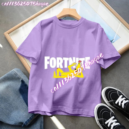 T-shirts Fortnite para Criança com Figuras Anime Estampadas, Tops de Desenho Animado Fortress Night, Roupa de Verão para Meninas, Manga Curta, Pullover Tees