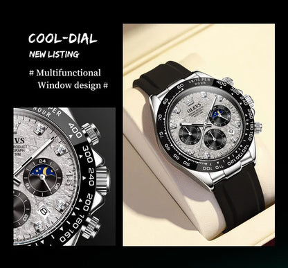OLEVS 2875 Quartz Watch for Men Original Luxury Brand Silicone Strap Chronograph Auto Date Waterproof Moon Phase Sport Man Watch