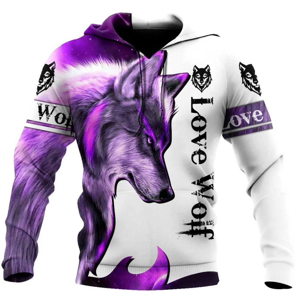 Hoodies de Outono com Leão e Lobo, Pele de Tigre Branco, Impressão 3D Integral, Sweatshirt de Homem Unissexo com Fecho, Casaco Casual de Pulôver