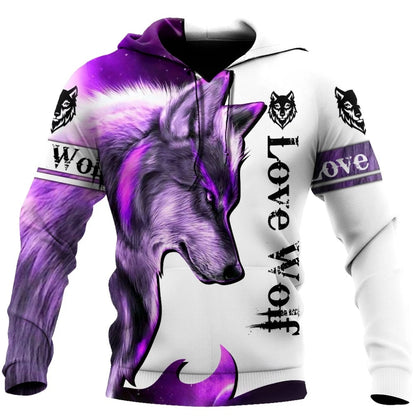 Hoodies de Outono com Leão e Lobo, Pele de Tigre Branco, Impressão 3D Integral, Sweatshirt de Homem Unissexo com Fecho, Casaco Casual de Pulôver