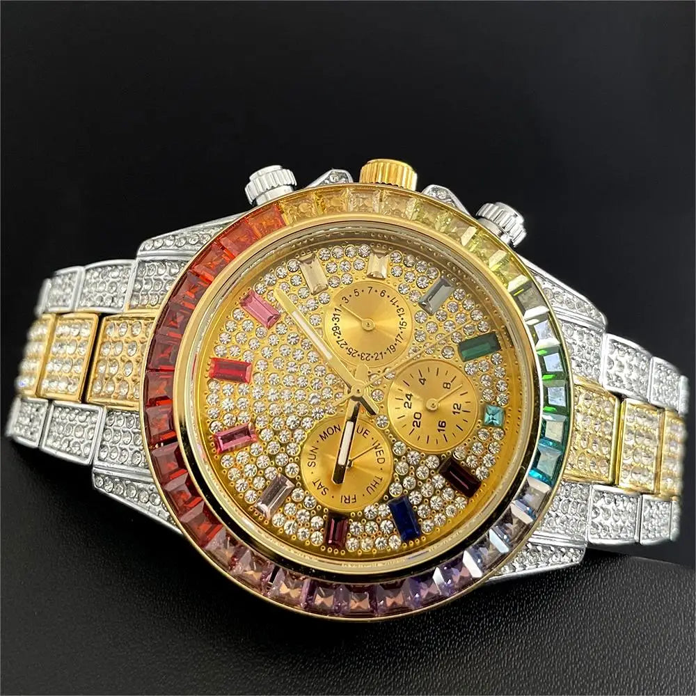Hot Sell Luxury Green Iced Watch For Men Fashion Stainless steel Quartz Wristwatch Hip Hop Rainbow Diamond AAA Watches Man Reloj