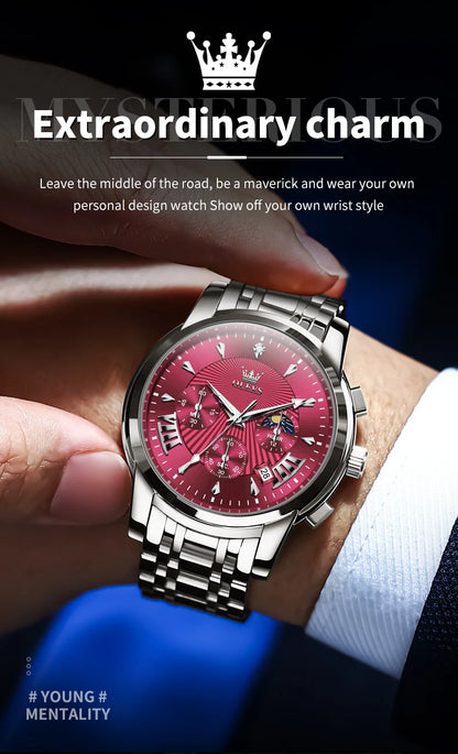 OLEVS Brand Fashion Red Watch for Men Luxury Sport Waterproof Stainless Steel Chronograph Quartz Watches Relogio Masculino