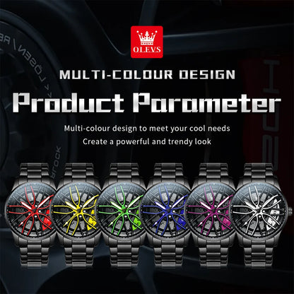 OLEVS 9937 Mens Watch Original Rotatable Wheel Hub Dial Fashion Trend Quartz Watch Waterproof Luminous Stainless Steel Reloj
