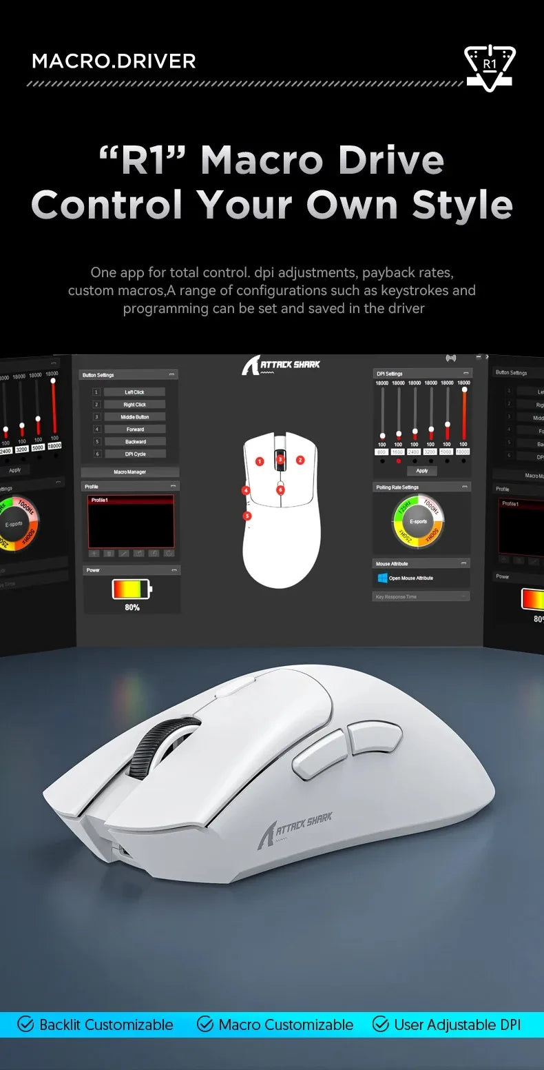 Attack Shark R1 Wireless Mouse for Gaming 1000 Hz PAW3311 Sensor, Rechargeable, Bluetooth Tri-mode, Ergonomic
